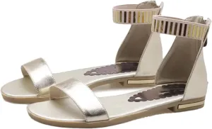 Women's Gladiator Sandals, Genuine Leather Flats Ankle Straps Gold