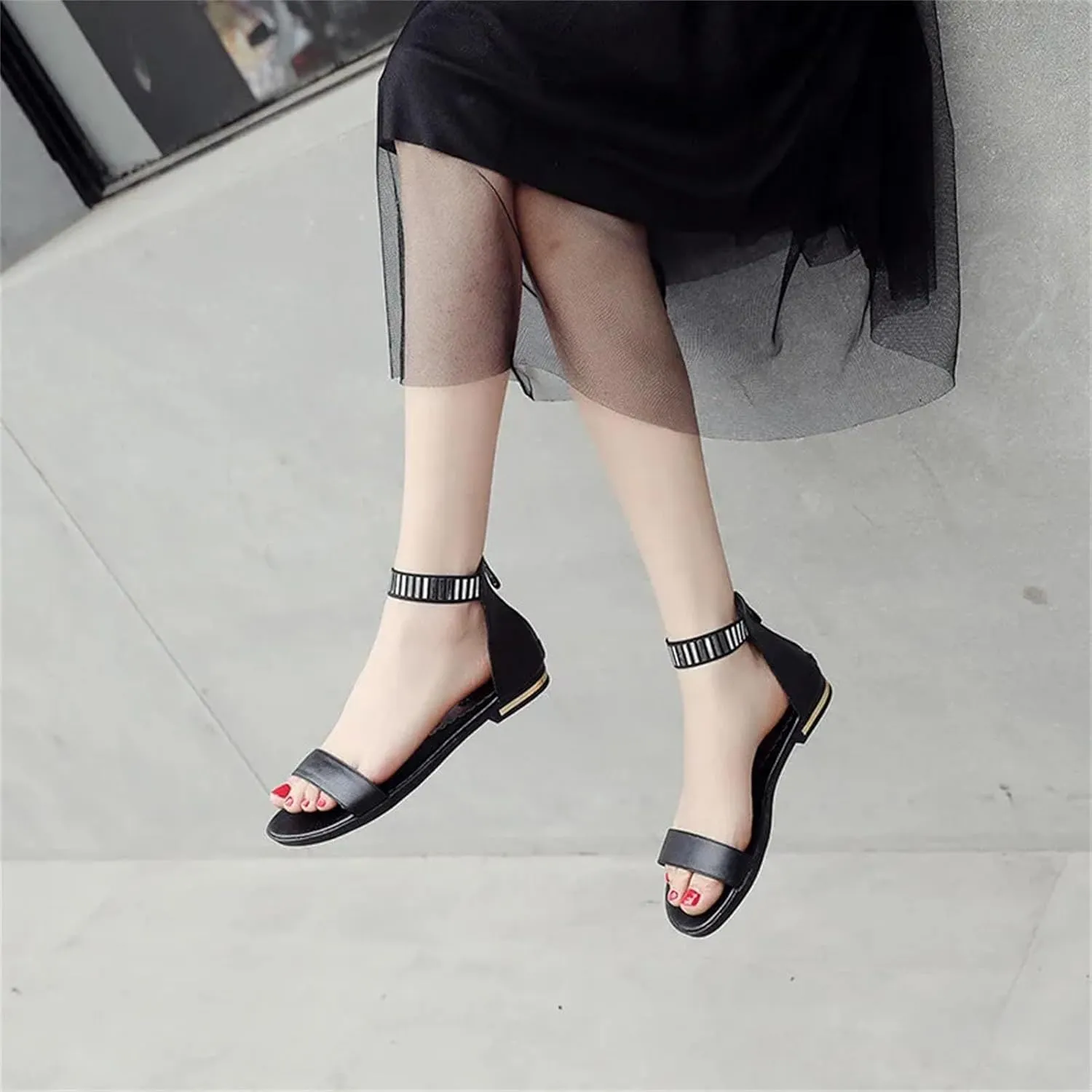Women's Gladiator Sandals, Genuine Leather Flats Ankle Straps Gold