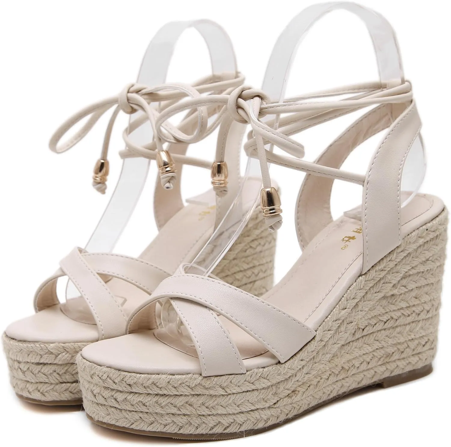 Womens Jute-rope Middle Wedge Heel Summer Shoes Flip Sandals Lace Up