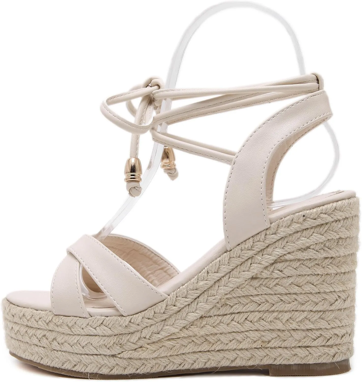 Womens Jute-rope Middle Wedge Heel Summer Shoes Flip Sandals Lace Up