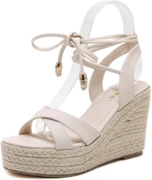 Womens Jute-rope Middle Wedge Heel Summer Shoes Flip Sandals Lace Up