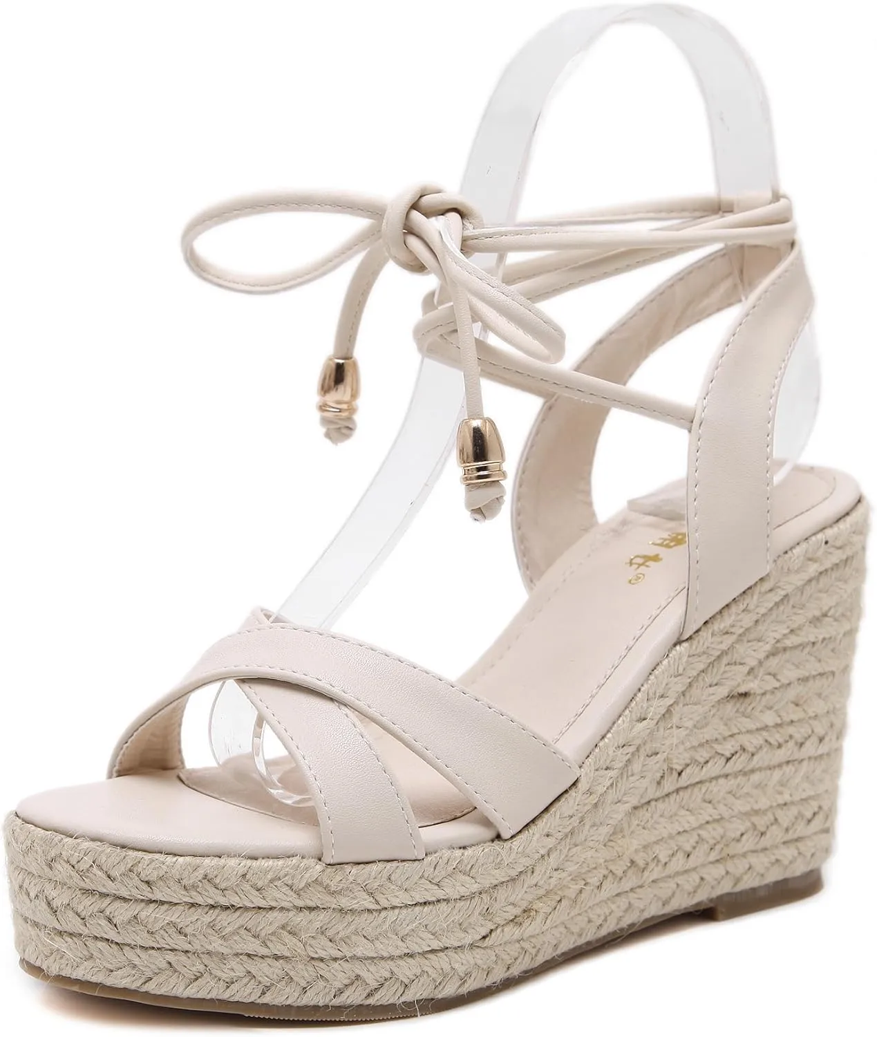 Womens Jute-rope Middle Wedge Heel Summer Shoes Flip Sandals Lace Up