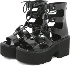 Women's Leather High Top Platform Gladiator Sandals with Lace Up Fashion Hollow Open Round Toe Back Zipper Chunky Wedge Booties Comfortable Casual Party Fisherman Roman Sandals