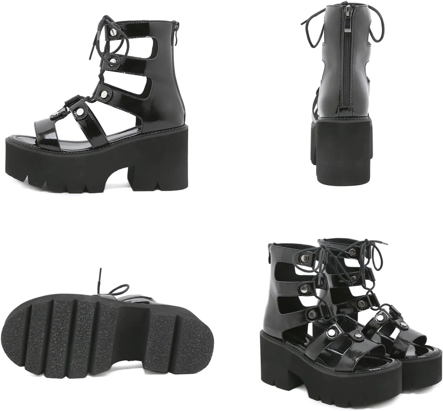 Women's Leather High Top Platform Gladiator Sandals with Lace Up Fashion Hollow Open Round Toe Back Zipper Chunky Wedge Booties Comfortable Casual Party Fisherman Roman Sandals