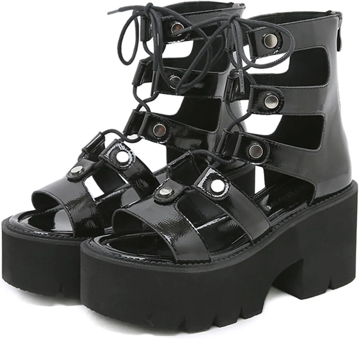 Women's Leather High Top Platform Gladiator Sandals with Lace Up Fashion Hollow Open Round Toe Back Zipper Chunky Wedge Booties Comfortable Casual Party Fisherman Roman Sandals