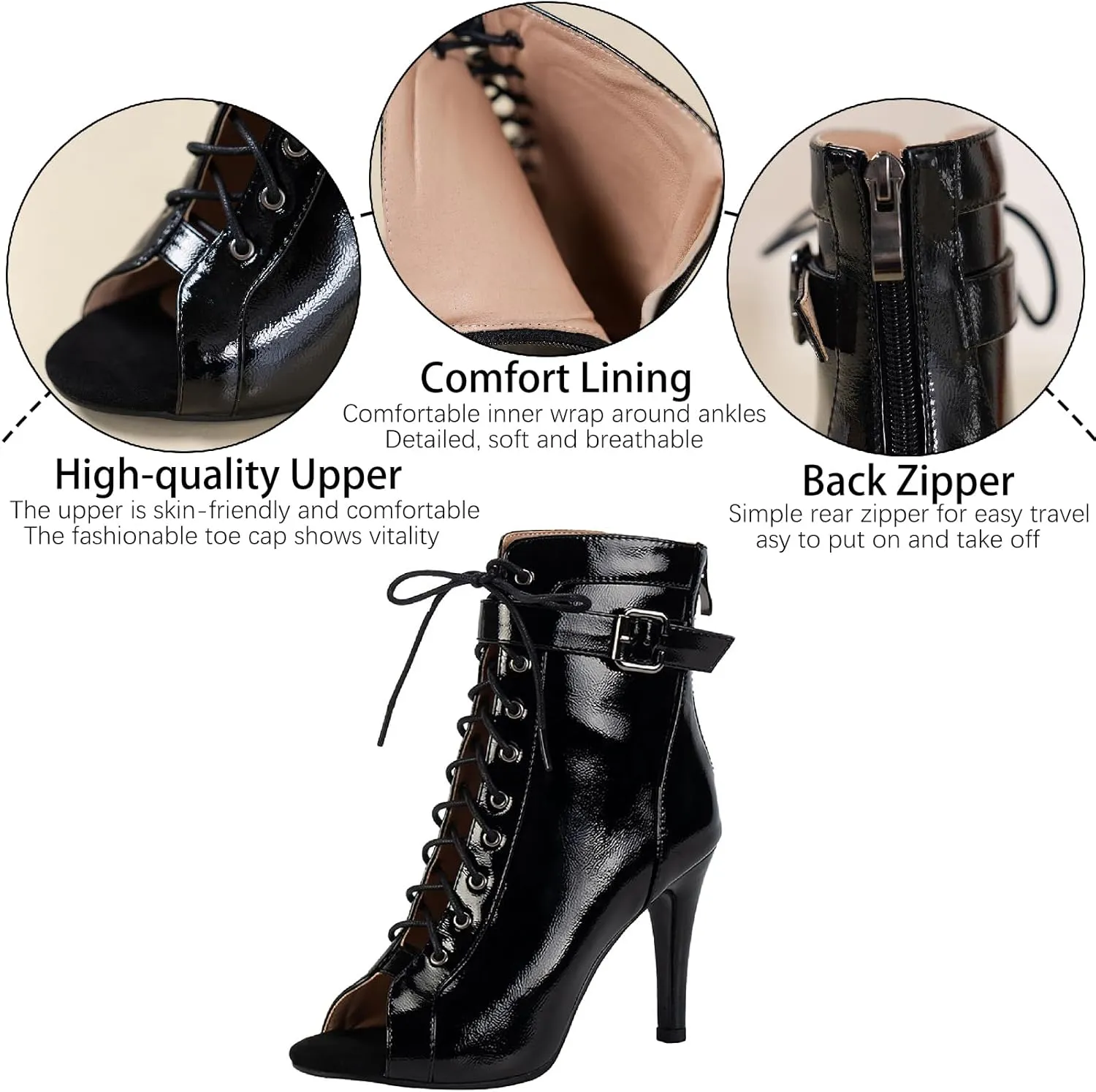 Women's Leather Peep Toe Stiletto Heels Sandals with Back Zipper Sexy Fish Mouth Breathable Hollow Out Lace-up High Heels Gladiator Ankle Boots Sandals for Prom Party Summer Booties