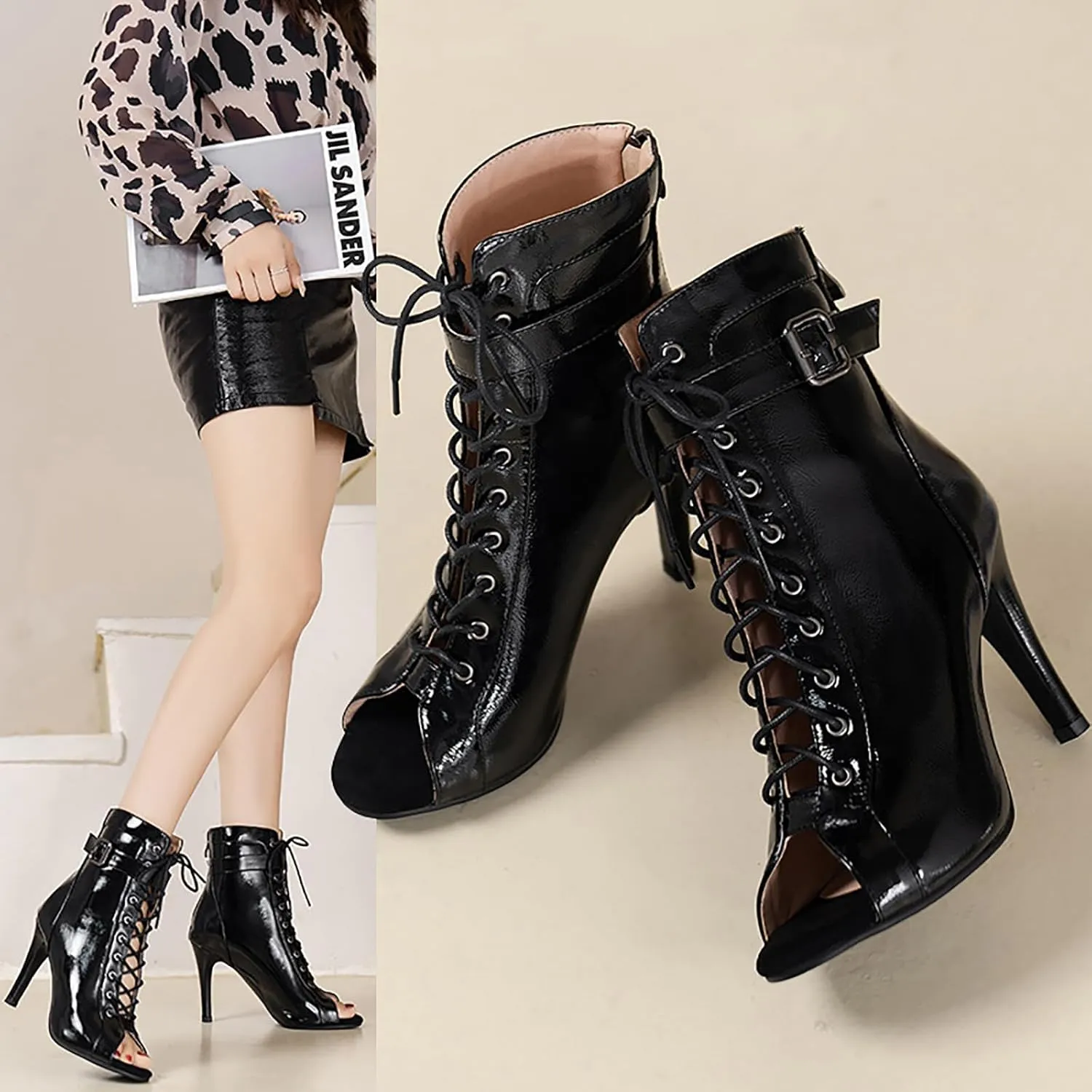 Women's Leather Peep Toe Stiletto Heels Sandals with Back Zipper Sexy Fish Mouth Breathable Hollow Out Lace-up High Heels Gladiator Ankle Boots Sandals for Prom Party Summer Booties