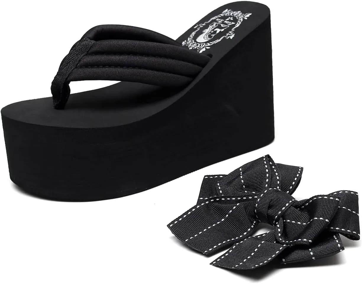 Womens Platform Flip Flops Gothic Sandals For Women Chunky High Heel Flip Flop Goth Wedge Slippers With Bowknot