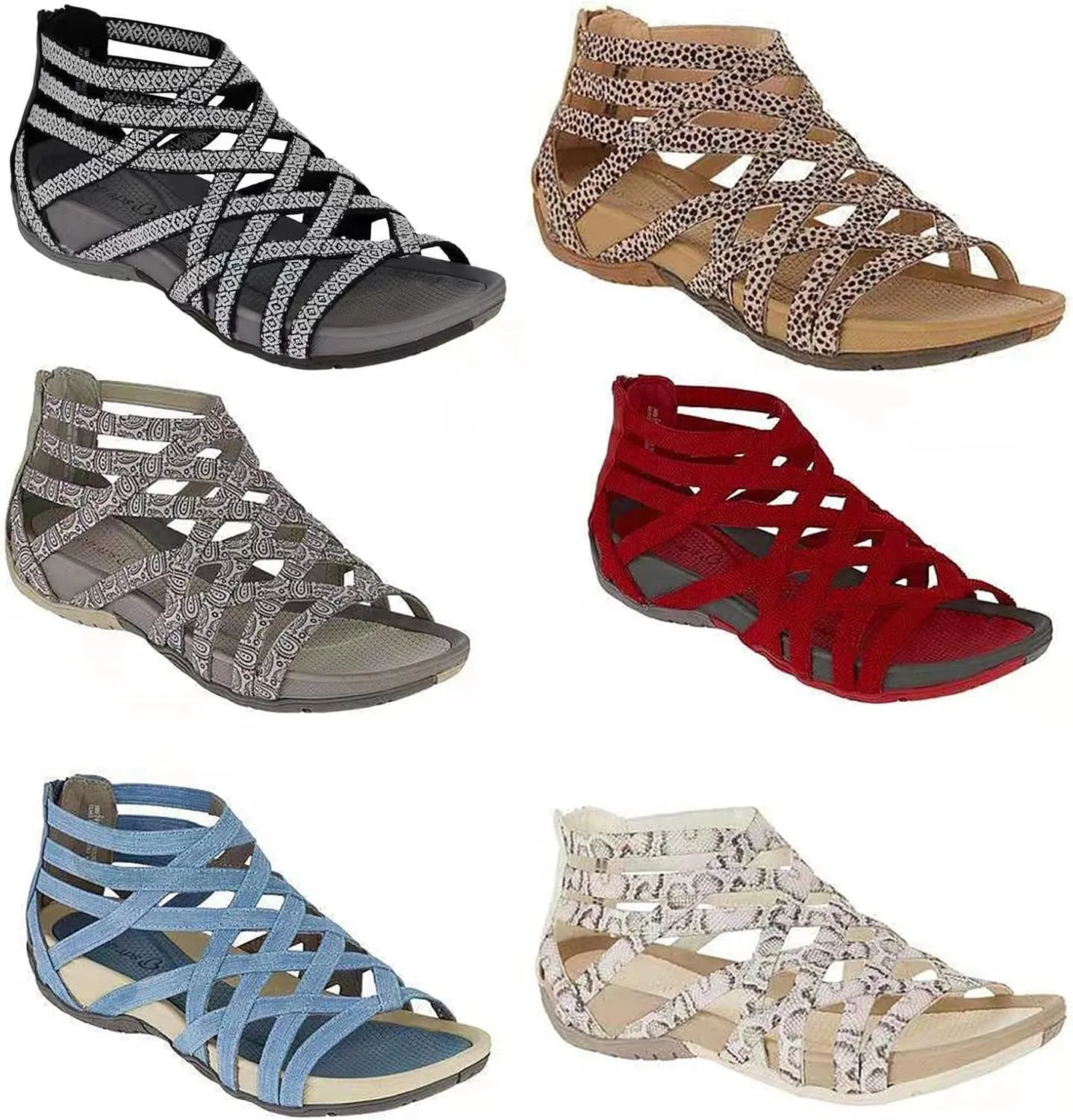 Women's Sandals Round Open Toe Hollow Roman Gladiator Bandage Design Flip Flops, Summer Sandals with Back Zipper Daily Shoes