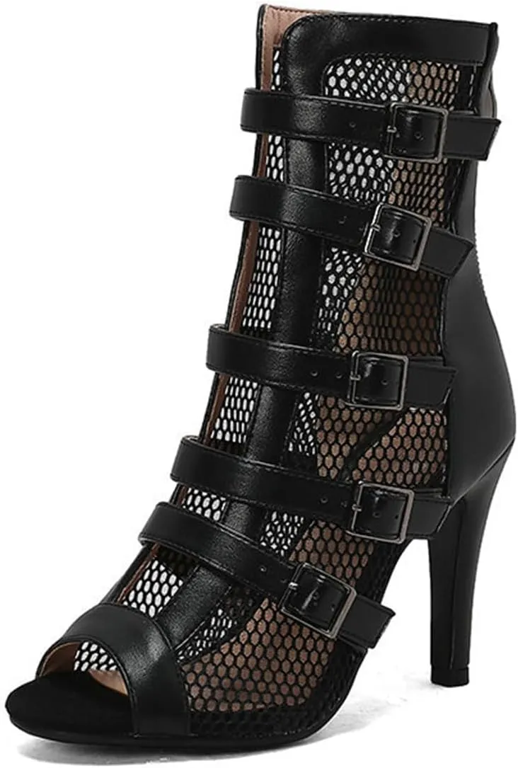 Womens Stiletto Heel Mesh Sandals Back Zipper Gladiator High Heel Sandals