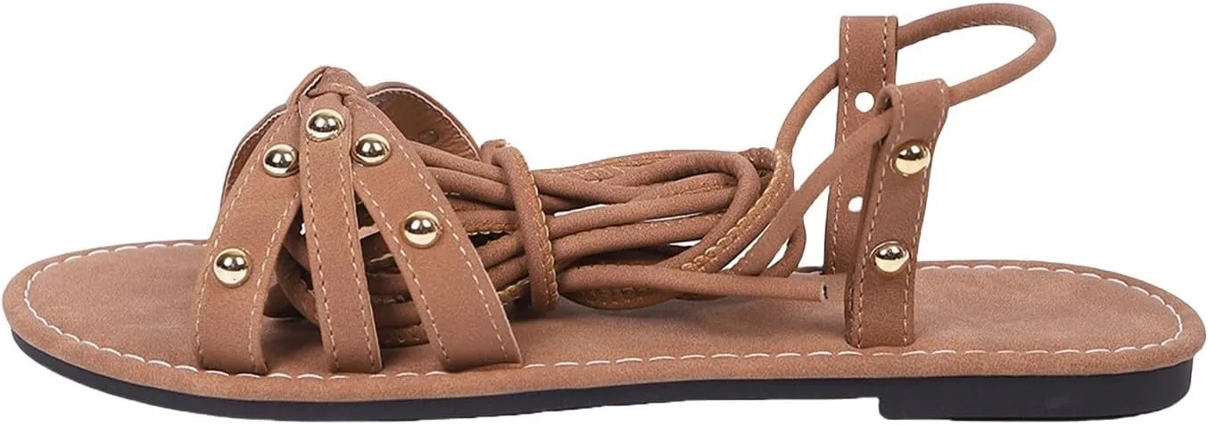 Women's Strappy Sandals Lace Up Flats Tie Up Open Toe Ankle Strap Gladiator Sandal Summer Wide Width Dress Shoes