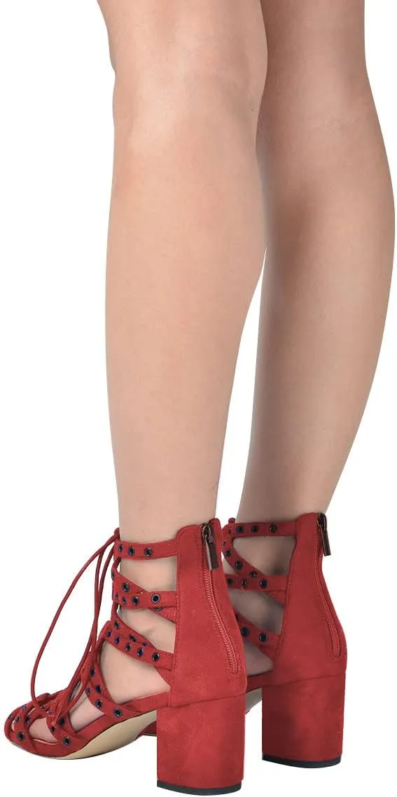 XYD Women Gladiator Caged Block Heel Sandals Open Toe Grommets Straps Cutout Back Zipper Dress Pumps Shoes