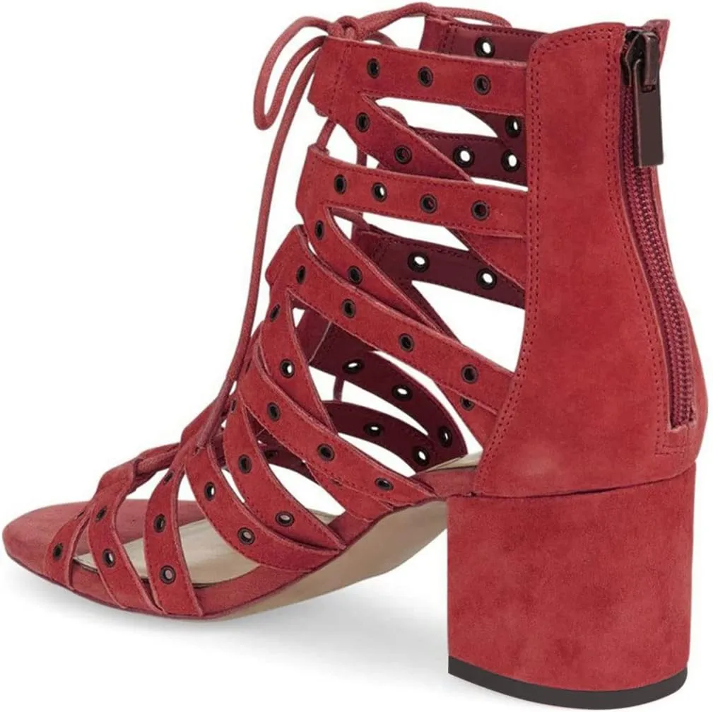 XYD Women Gladiator Caged Block Heel Sandals Open Toe Grommets Straps Cutout Back Zipper Dress Pumps Shoes