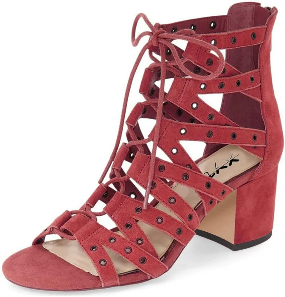 XYD Women Gladiator Caged Block Heel Sandals Open Toe Grommets Straps Cutout Back Zipper Dress Pumps Shoes