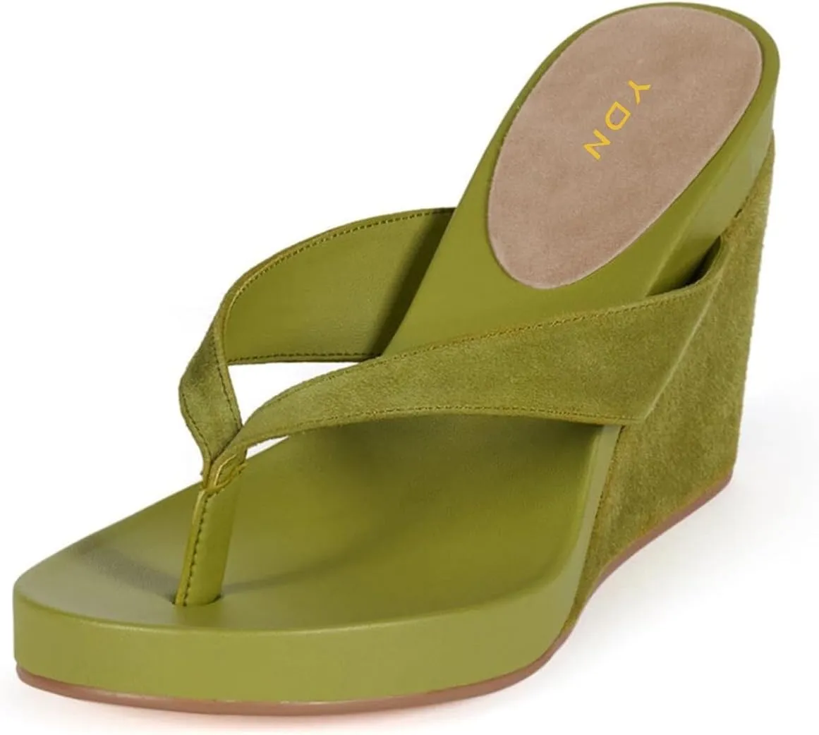 YDN Women's Wedge Heel Flip Flops Sandals Open Round Toe High Heels Slip On Dressy Party Thong Shoes Size 4-16 US