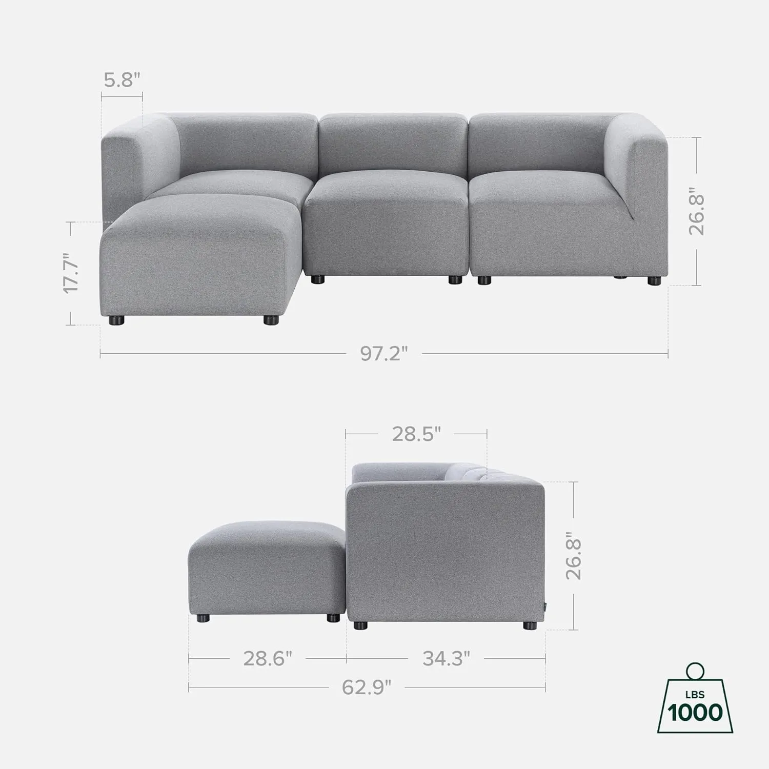 ZINUS Luca Reversible Chaise Sectional Sofa, Modern Style, Flexible Modular Design, Easy Tool-Free Assembly, Grey